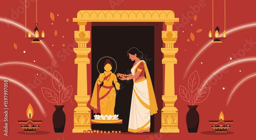 Traditional Indian Festive Celebration with Deity and Decor for Auspicious Occasions