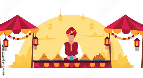 Traditional Indian Sweets Vendor Preparing And Serving Festive Confectioneries