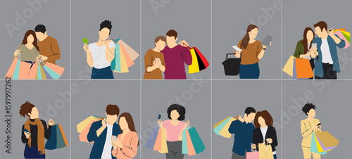 vector group of people wit shopping bags half isolated shopping people