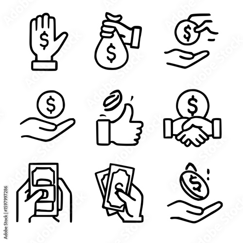 Financial transaction and payment line icons set with dollar symbols