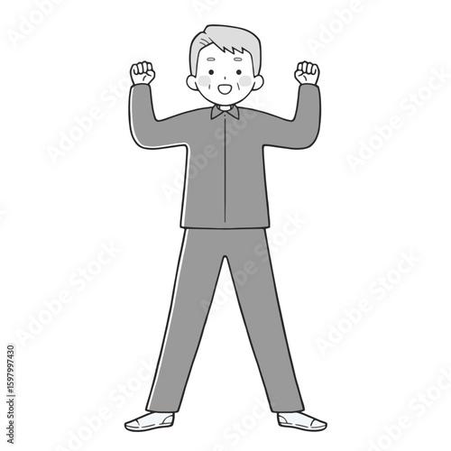 ガッツポーズするシニア男性 モノクロ