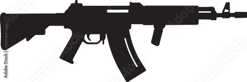 A striking silhouette of an assault rifle, representing military weaponry, combat readiness, and tactical defense