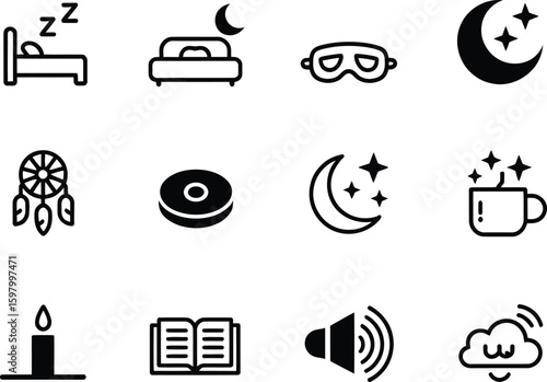 Collection of sleep and relaxation icons for rest and wellness