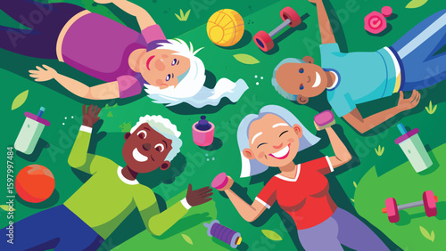 Happy seniors exercising together outdoors on the grass