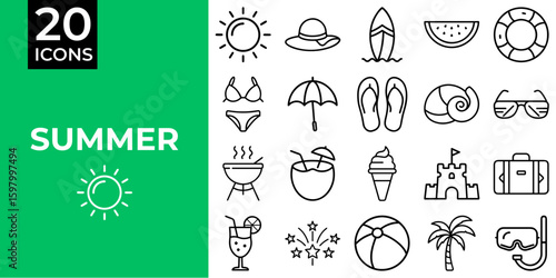 Summer icon set featuring sun, beach, and outdoor activities
