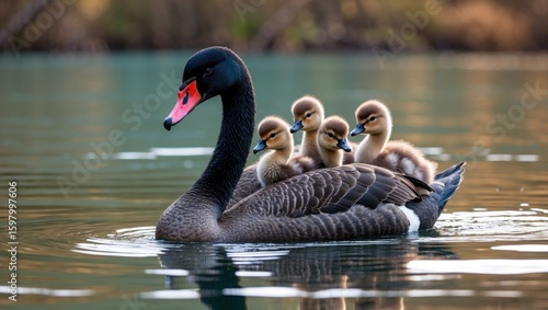 Fototapeta Naklejka Na Ścianę i Meble -  A black swan with five ducklings on its back swimming in water.