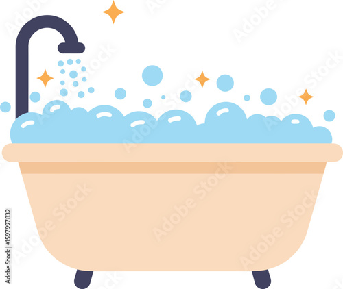 Flat Bubble Bath Tub Vector – Shower and Sparkling Foam Wellness Illustration