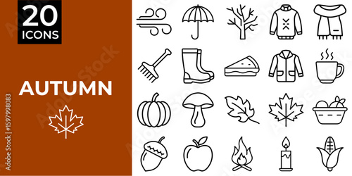 Autumn-themed icon set featuring seasonal elements and symbols  