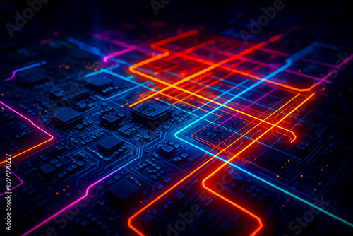 Wallpaper Mural Cyberpunk Neon Circuit Board with Glowing Tech Grid Overlay, Futuristic 3D Background with Electric Volumetric Lighting Torontodigital.ca