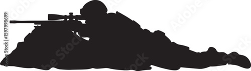 A skilled military sniper in a prone position, aiming with a precision rifle, depicted in a stark silhouette, representing combat, accuracy, and strategic warfare