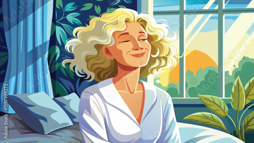 Woman enjoying morning sunlight in a cozy bedroom