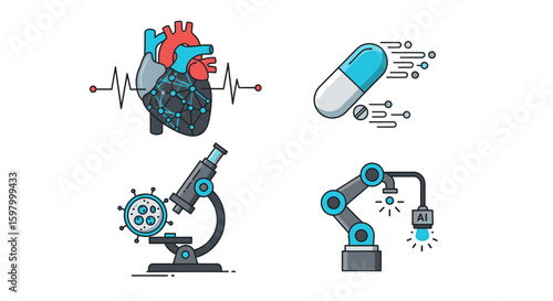 Four medical icons: a heart with EKG, a capsule pill, a microscope examining cells, and a robotic arm.