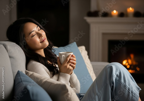 冬の季節、暖炉の火が揺らめく夜のリビングで、コーヒーを味わい至福に浸る女性