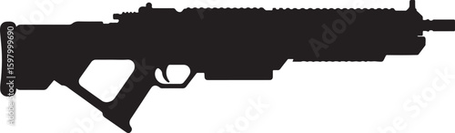 Black silhouette of a modern assault rifle or automatic weapon, depicting military firearms, army combat, and defense concepts