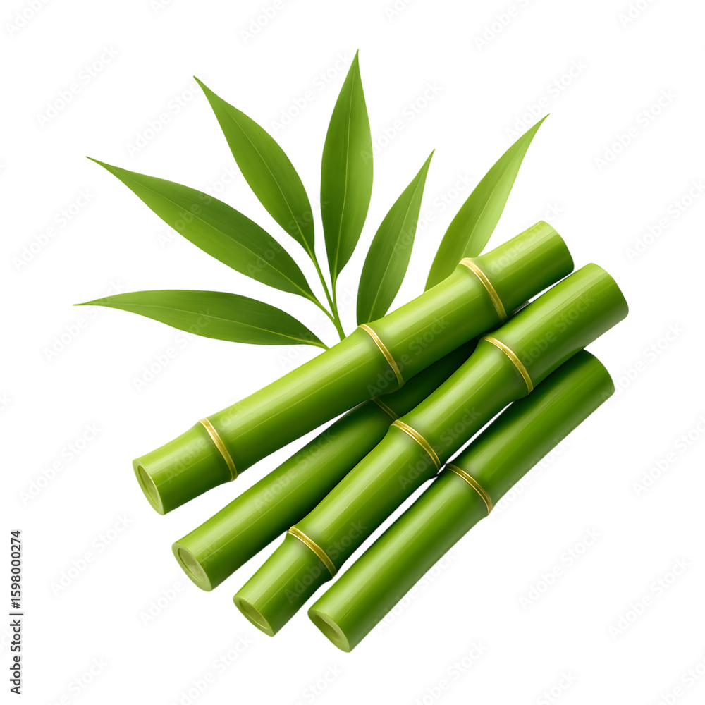 Fototapeta premium Green bamboo stalks and leaves isolated on black background a natural image