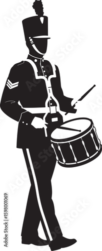 Marching band drummer silhouette playing a snare drum, representing musical performance, parade, and celebration themes, perfect for school events and artistic designs