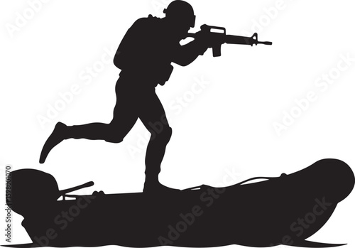 Soldier in silhouette running across an inflatable boat, holding a rifle, depicting military operations, special forces, and dynamic combat action for various design needs