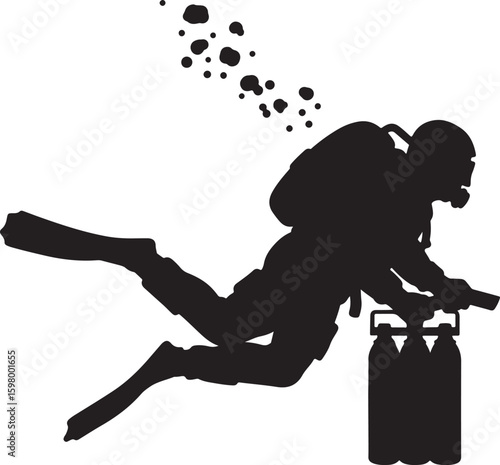 Black silhouette of a scuba diver exploring underwater, carrying equipment, with bubbles rising, perfect for designs depicting diving, ocean, adventure, and aquatic sports themes