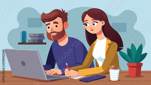 Man and woman working together on a laptop in an office setting