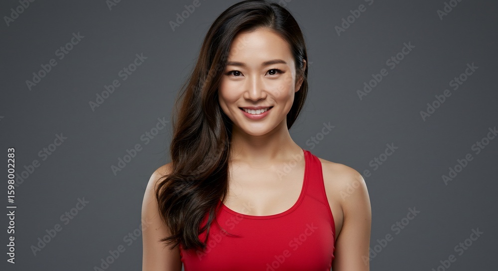 Smiling asian woman portrait with red top against gray background youthful beauty confidence Smiling asian woman portrait with red top against gray background youthful beauty confidence