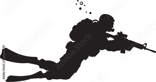 Black silhouette of a special forces commando soldier or military diver performing underwater operations, equipped with scuba gear and an assault rifle, isolated on white background