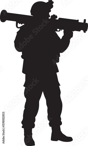 Professional military soldier silhouette holding a powerful rocket launcher weapon, ready for combat and strategic operations, ideal for defense, security, and warfare design elements
