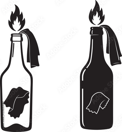 Black outline and silhouette illustration of a Molotov cocktail with a burning wick, representing protest, rebellion, and unrest in a dangerous, impactful visual statement