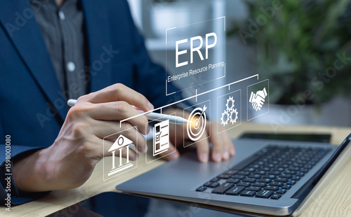 Canvas Print Businessperson presenting ERP system concept with icons for finance, operations, logistics, HR, and software illustrating core enterprise planning functions