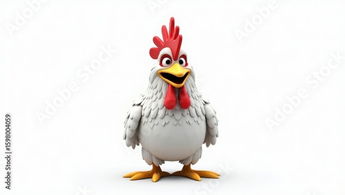 Cheerful cartoon chicken against a plain background.