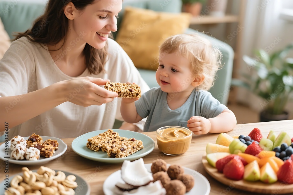 Happy mother sharing healthy snack with baby at home on a wooden table Happy mother sharing healthy snack with baby at home on a wooden table