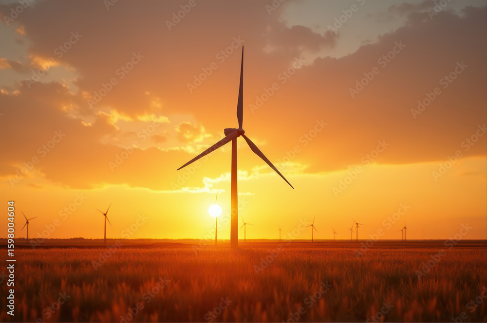 Obraz premium field of wind turbines silhouetted against vibrant orange sunset sky. renewable energy and environmental sustainability theme. nature, landscape photography, industry.