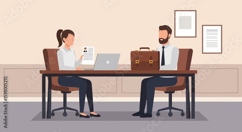 Business Meeting Illustration: Two Professionals Discussing Resume and Laptop at Office Desk