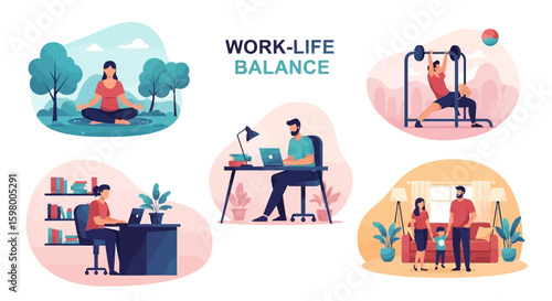 Vector illustration depicting a healthy work-life balance with diverse activities and scenarios