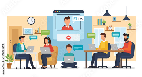 Cartoon illustration depicting a group of people participating in a video conference from various