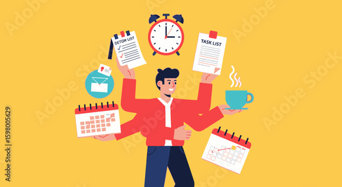 Cartoon illustration depicting multitasking and time management in a busy lifestyle