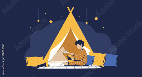 Young Boy Enjoying An Adventure Story In A Tent With Stars At Night