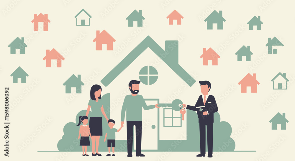 Fototapeta premium Real estate agent handing over keys to a young family buying their new home happy family