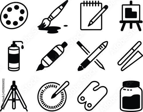 Collection of hand drawn art and craft supplies icons for creative projects