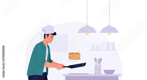 Young Chef Frying Delicious Pancakes With Frying Pan In Modern Kitchen