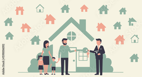 Real estate agent handing over keys to a young family buying their new home happy family