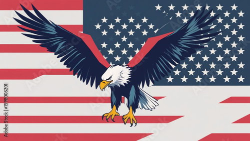 Modern, abstract graphic of an American eagle with mechanical wings and a red and cyan 3D glitch effect.