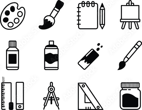 Art and craft supplies icons set for creative projects