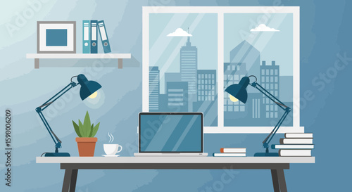 Stylized home office workspace with a laptop and cityscape view outside the window