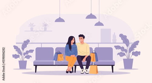 Young Couple Resting After Shopping Sitting Together in Lounge Area