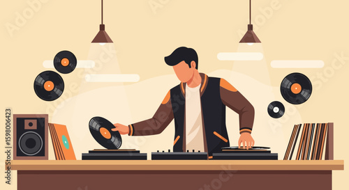 Young Dj Mixing Music On Turntable With Vinyls In Modern Studio