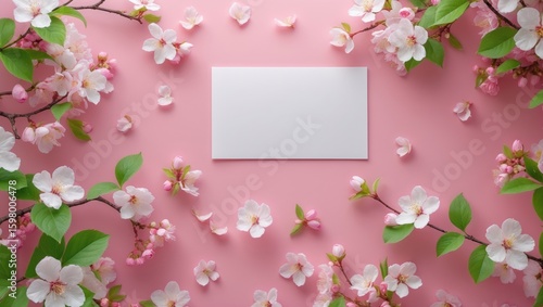 A flat pink background decorated with cherry blossoms and green leaves, featuring a blank white rectangular card in the center.