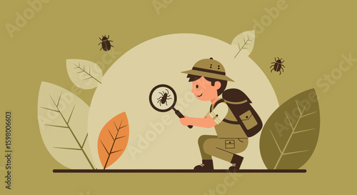 Young Entomologist Investigating Insects With Magnifying Glass In Nature Setting