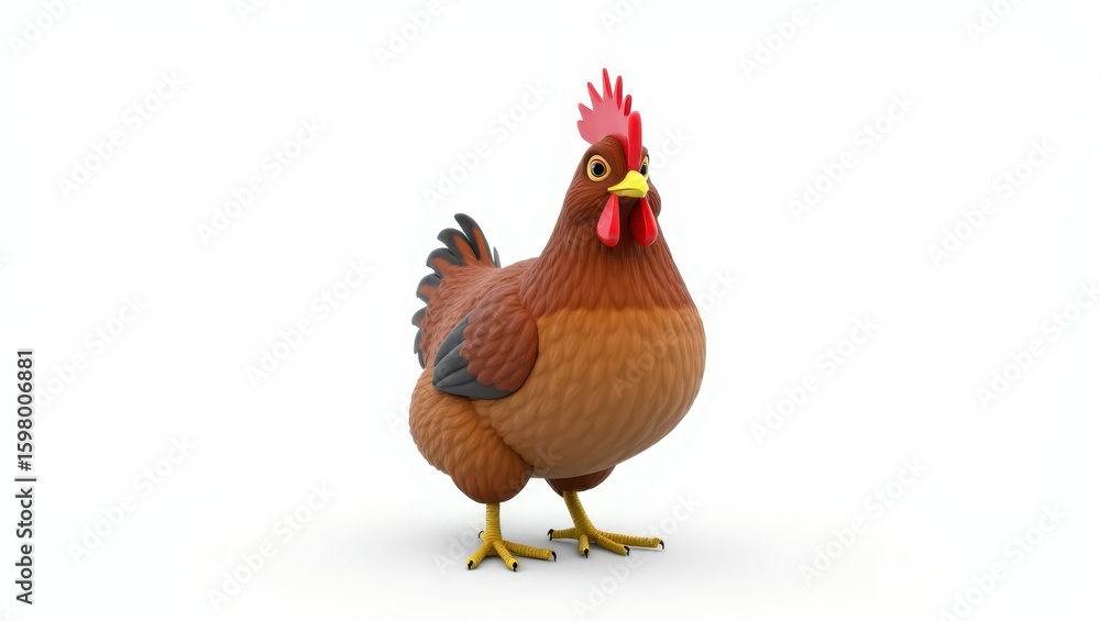 Fototapeta premium A cartoon chicken stands on a plain white background.