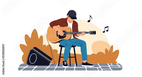 Young Guitarist Performing Outdoors with Amplifier and Music Notes Illustration