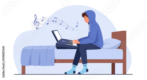 Young Man Composing Music With A Keyboard On Bed Surrounded By Music Notes